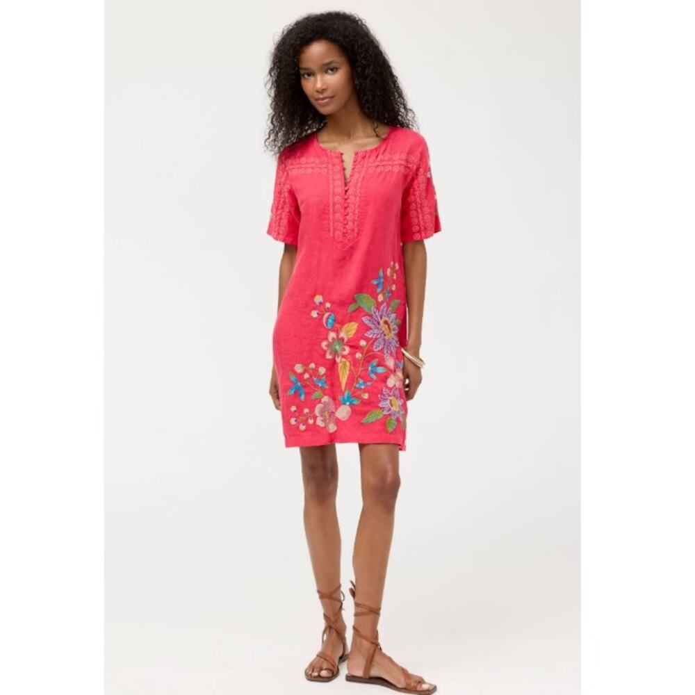 JOHNNY WAS Seamed Button Neck Linen Dress Geranium Size XL Embroidered $268